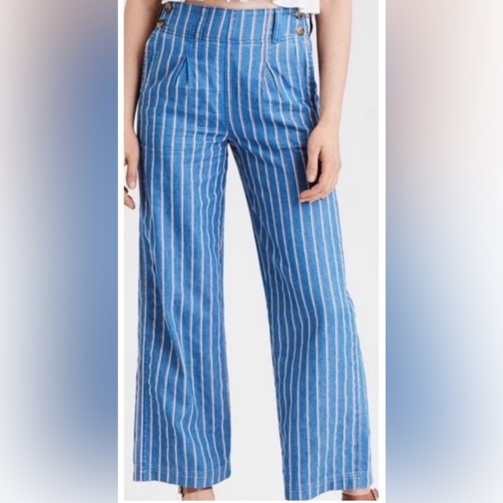 American Eagle Wide Leg Cropped Pants Blue White Stripes Size 12 Long